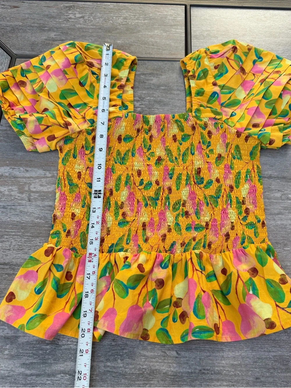 Farm Rio Mini Cashew Yellow Smocked Peplum Top with Puff Sleeves size S